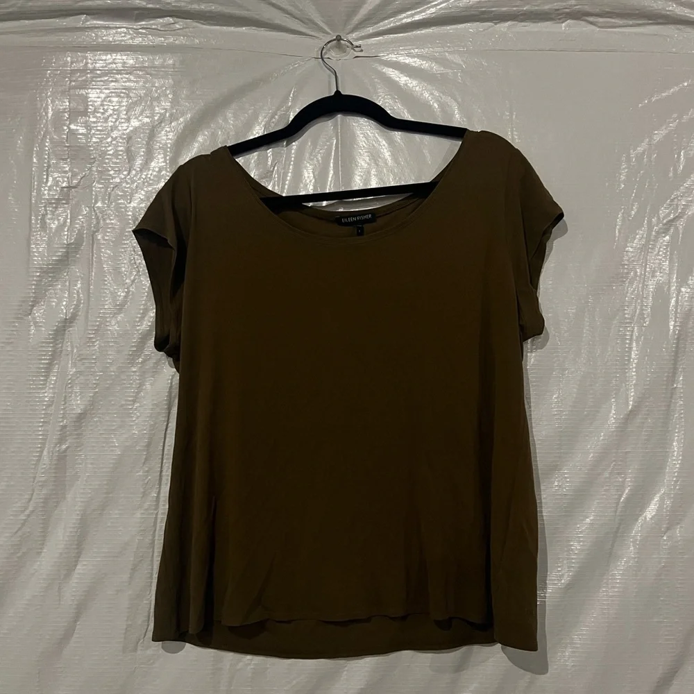 Eileen Fisher Khaki Green Silk Short Sleeve Shirt Size Large